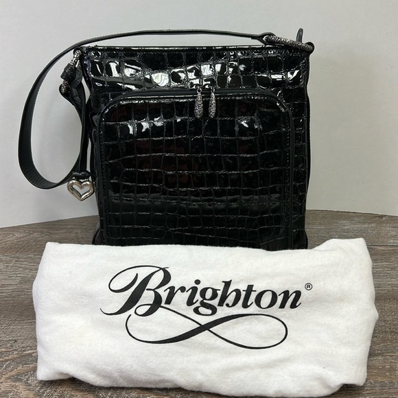 Brighton SONNY Short Croc Embossed Patent Leather Bag D792125 with Storage Bag - Picture 1 of 16